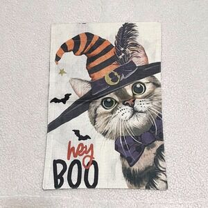 Halloween Garden Flag Witch Cat Hey Boo Burlap Yard Decor 12x18 Double Sided